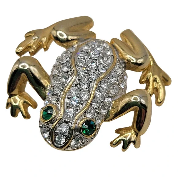 VTG Pave Rhinestone Frog Brooch Pin Emerald Eyes Gold Tone; Unmarked - Picture 3 of 5